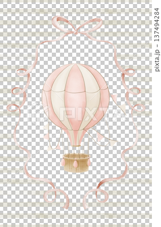 Hot air Balloon watercolor poster. Illustration of vintage Aircraft in pink pastel colors for Baby shower invitations or childish greeting cards. Template for kids design with ribbon. 137494284