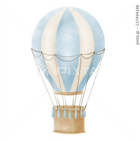 Blue hot air Balloon watercolor illustration in pastel colors for Baby shower invitations or childish greeting cards. Drawing of vintage Aerostat for nursery posters or clipart. Art for kids. 137494286