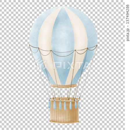Blue hot air Balloon watercolor illustration in pastel colors for Baby shower invitations or childish greeting cards. Drawing of vintage Aerostat for nursery posters or clipart. Art for kids. 137494286