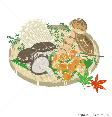 ザルに盛られた秋の味覚きのこセット（しいたけ・なめこ等）の手描きイラスト 137494289