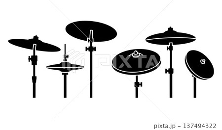 Black Solid Drum Cymbal Silhouettes Set of Six on White Background Black Solid Drum Cymbal Silhouettes Set of Six on White Background 137494322
