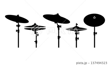 Black Solid Drum Cymbal Silhouettes Set of Six on White Background 137494323
