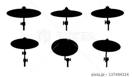 Black Solid Drum Cymbal Silhouettes Set of Six on White Background Black Solid Drum Cymbal Silhouettes Set of Six on White Background 137494324