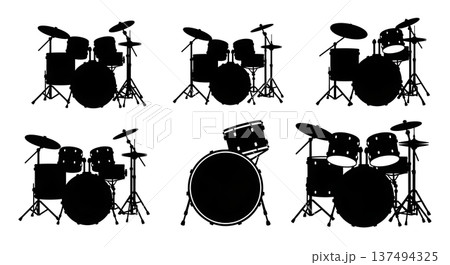 Black Solid Drum Set Silhouettes Set of Six on...のイラスト素材 [137494325 ...