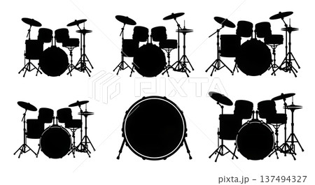 Black Solid Drum Set Silhouettes Set of Six on White Background Black Solid Drum Set Silhouettes Set of Six on White Background 137494327