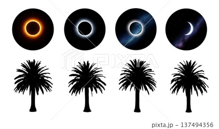 Black Solid Eclipse Palm Tree Silhouettes Set of Six on White Background 137494356