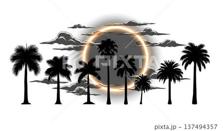 Black Solid Eclipse Palm Tree Silhouettes Set of Six on White Background 137494357