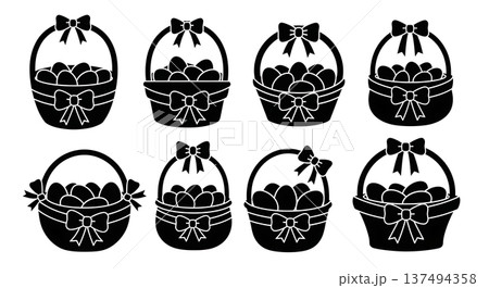 Black Solid Easter Basket Silhouettes Set of Six on White Background Black Solid Easter Basket Silhouettes Set of Six on White Background 137494358