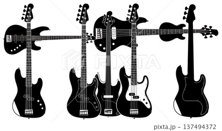Black Solid Bass Guitar Silhouettes Set of Six on White Background 137494372