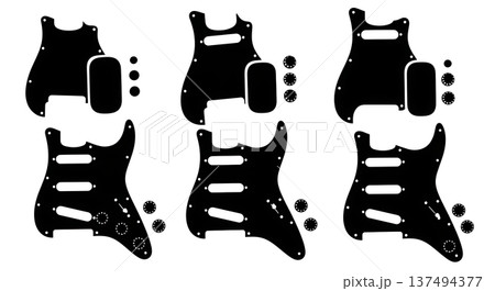 Black Solid Guitar Hardware Silhouettes Set of Six on White Background 137494377