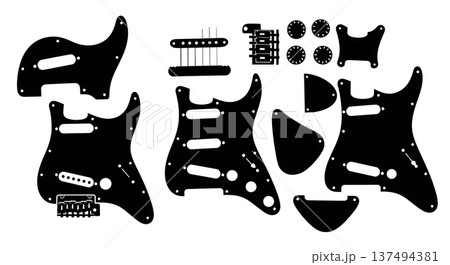 Black Solid Guitar Hardware Silhouettes Set of Six on White Background 137494381