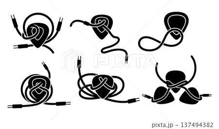Black Solid Guitar Pick Cable Set of Six on White Background 137494382