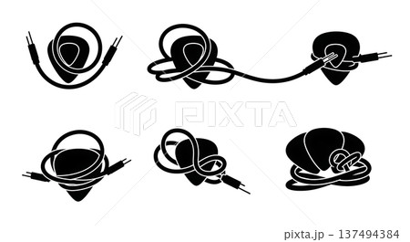 Black Solid Guitar Pick Cable Set of Six on White Background 137494384