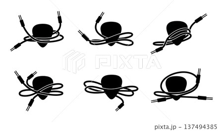 Black Solid Guitar Pick Cable Set of Six on White Background Black Solid Guitar Pick Cable Set of Six on White Background 137494385