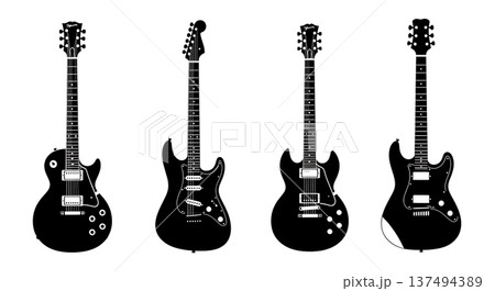 Black Solid Electric Guitar Silhouettes Set of Six on White Background 137494389