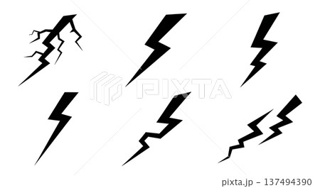 Black Solid Lightning Fork Silhouettes Set of Six on White Background 137494390