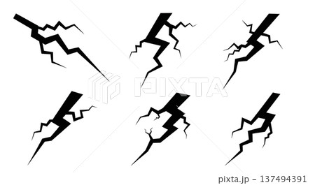 Black Solid Lightning Fork Silhouettes Set of Six on White Background Black Solid Lightning Fork Silhouettes Set of Six on White Background 137494391