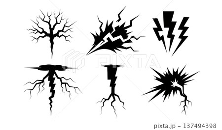 Black Solid Electric Spark Silhouettes Set of Six on White Background 137494398
