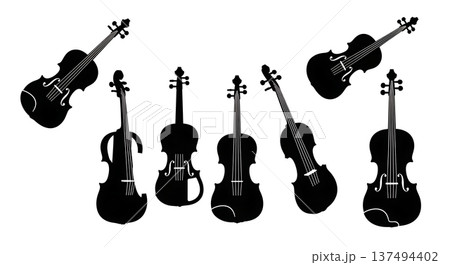 Black Solid Electric Violin Silhouettes Set of Six on White Background Black Solid Electric Violin Silhouettes Set of Six on White Background 137494402