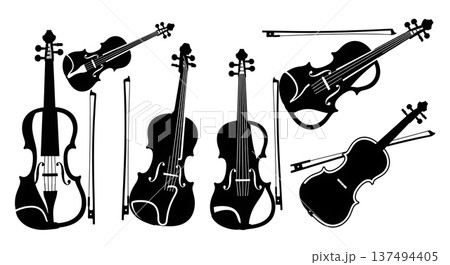Black Solid Electric Violin Silhouettes Set of Six on White Background Black Solid Electric Violin Silhouettes Set of Six on White Background 137494405