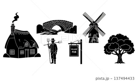 Black Solid Historical English Village Silhouettes Set of Six on White Background Black Solid Historical English Village Silhouettes Set of Six on White Background 137494433
