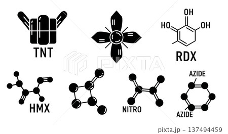 Black Solid Explosive Molecular Silhouettes Set of Six on White Background 137494459