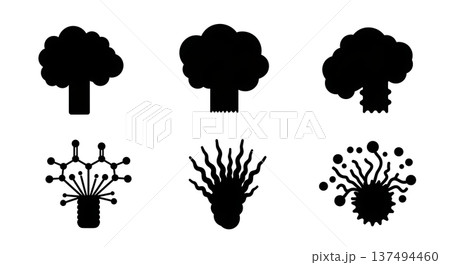 Black Solid Explosive Molecular Silhouettes Set of Six on White Background 137494460
