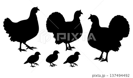 Black Solid Farm Turkey Silhouettes Set of Six on White Background 137494492