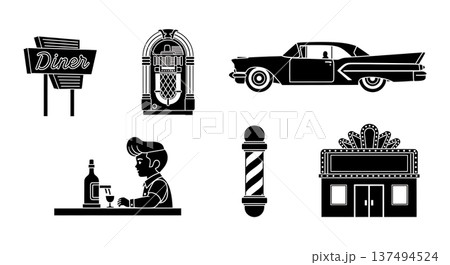 Black Solid 1950s Americana Street Silhouettes Set of Six on White Background 137494524