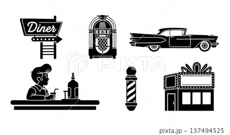 Black Solid 1950s Americana Street Silhouettes Set of Six on White Background Black Solid 1950s Americana Street Silhouettes Set of Six on White Background 137494525