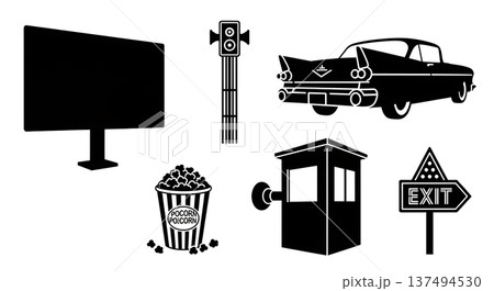 Black Solid 1950s Drive-In Cinema Silhouettes Set of Six on White Background 137494530