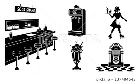 Black Solid 1950s Soda Shop Silhouettes Set of Six on White Background 137494645