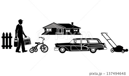 Black Solid 1950s Suburban Life Silhouettes Set of Six on White Background Black Solid 1950s Suburban Life Silhouettes Set of Six on White Background 137494648
