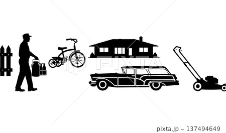 Black Solid 1950s Suburban Life Silhouettes Set of Six on White Background 137494649