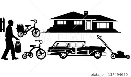 Black Solid 1950s Suburban Life Silhouettes Set of Six on White Background Black Solid 1950s Suburban Life Silhouettes Set of Six on White Background 137494650