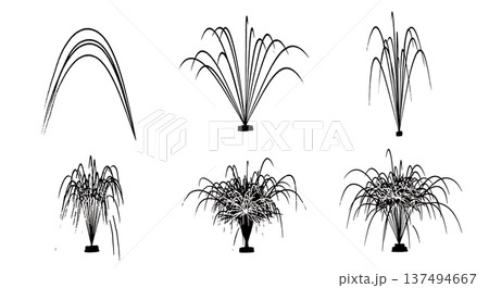 Black Solid Firework Fountain Silhouettes Set of Six on White Background Black Solid Firework Fountain Silhouettes Set of Six on White Background 137494667
