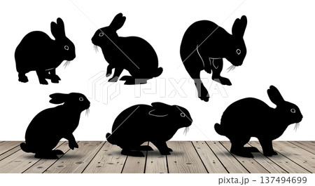 Black Solid Floor Thumping Bunny Silhouettes Set of Six on White Background 137494699