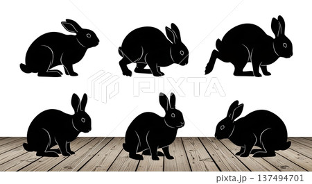 Black Solid Floor Thumping Bunny Silhouettes Set of Six on White Background 137494701