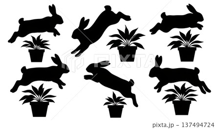 Black Solid Flower Pot Jump Bunny Silhouettes Set of Six on White Background 137494724