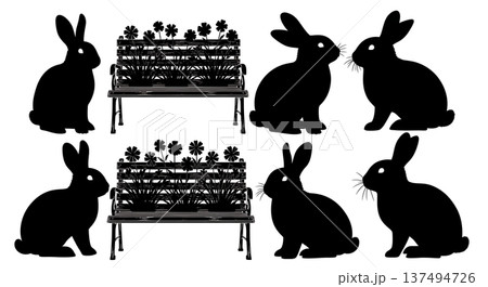 Black Solid Flowers Bench Bunny Silhouettes Set of Six on White Background Black Solid Flowers Bench Bunny Silhouettes Set of Six on White Background 137494726