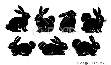 Black Solid Fluffy Tail Rabbit Silhouettes Set of Six on White Background Black Solid Fluffy Tail Rabbit Silhouettes Set of Six on White Background 137494729
