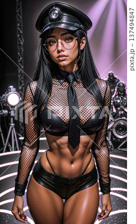 Alluring performer in edgy black leather and mesh attire. An individual stands confidently, wearing an edgy outfit composed of black leather and mesh 137494847