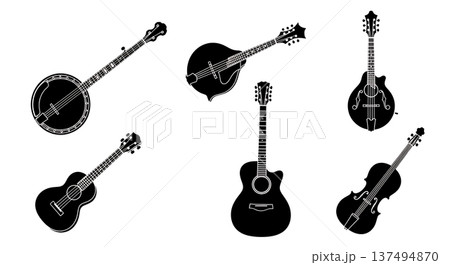 Black Solid Folk String Instrument Silhouettes Set of Six on White Background 137494870