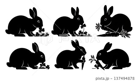 Black Solid Foraging Bunny Silhouettes Set of Six on White Background 137494878