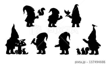 Black Solid Forest Gnome with Animals Silhouettes Set of Six on White Background Black Solid Forest Gnome with Animals Silhouettes Set of Six on White Background 137494886