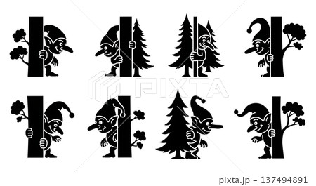 Black Solid Hiding Forest Troll Silhouettes Set of Six on White Background 137494891