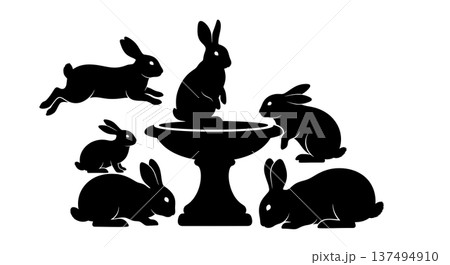 Black Solid Fountain Bunny Silhouettes Set of Six on White Background 137494910