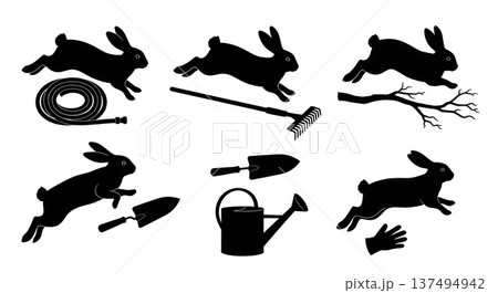 Black Solid Garden Activity Bunny Silhouettes Set of Six on White Background Black Solid Garden Activity Bunny Silhouettes Set of Six on White Background 137494942