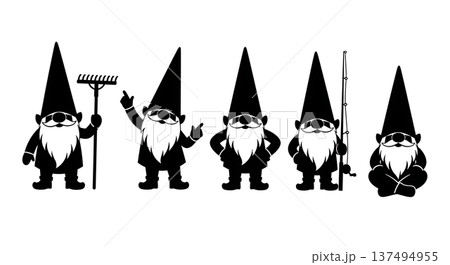 Black Solid Garden Gnome Silhouettes Set of Six on White Background 137494955
