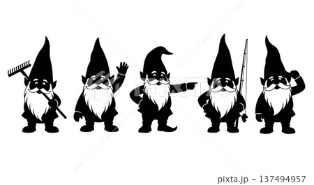 Black Solid Garden Gnome Silhouettes Set of Six on White Background 137494957